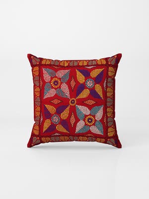 Red Nakshi Kantha Embroidered Cotton Cushion Cover