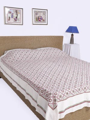 White Nakshi Kantha Embroidered Cotton Bed Cover
