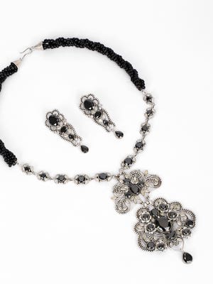 Simulated Stone Studded Oxidized Silver Necklace Set