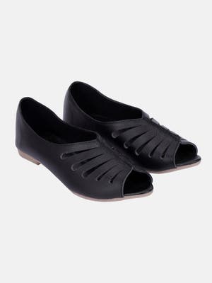 Black Peep Cutout Genuine Leather Sandals