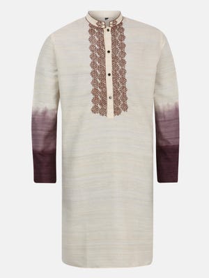 Ecru Tie-Dyed and Embroidered Endi Silk Panjabi