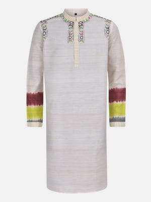 White Tie-Dyed, Printed and Embroidered Endi Silk Panjabi