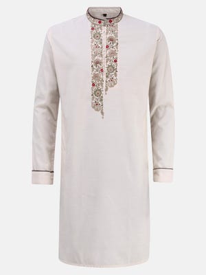 Off White Embroidered Viscose-Cotton Slim Fit Panjabi