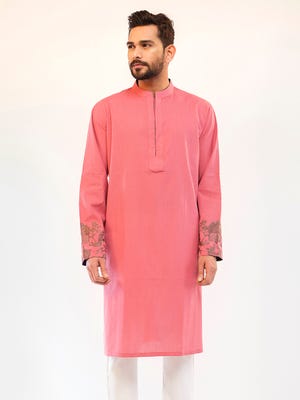 Punch Pink Embroidered Cotton Panjabi