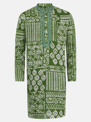 Green Wax-Dyed and Embroidered Addi Cotton Panjabi