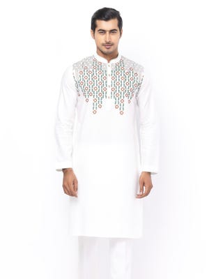 White Printed and Embroidered Viscose-Cotton Slim Fit Panjabi
