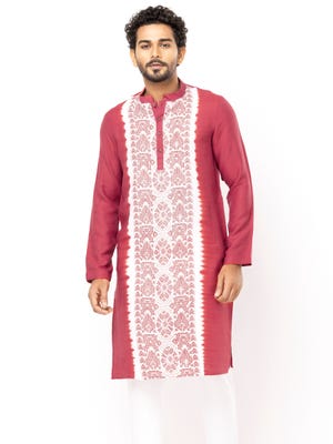 Red Printed and Tie-Dyed Mixed Cotton Slim Fit Panjabi