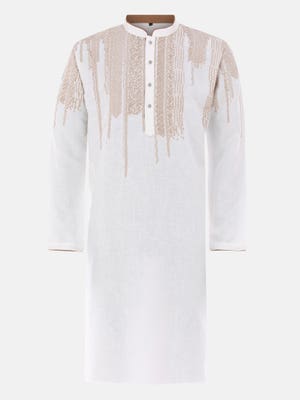 White Embroidered Viscose-Cotton Panjabi