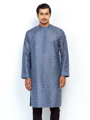 Blue-Grey Printed and Embroidered Silk Panjabi