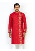 Red Jacquard Embroidered Viscose-Cotton Slim Fit Panjabi