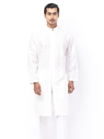 White Printed and Embroidered Cotton Panjabi