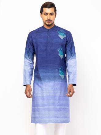 Navy Blue Ombre Dyed and Embroidered Endi Silk Panjabi