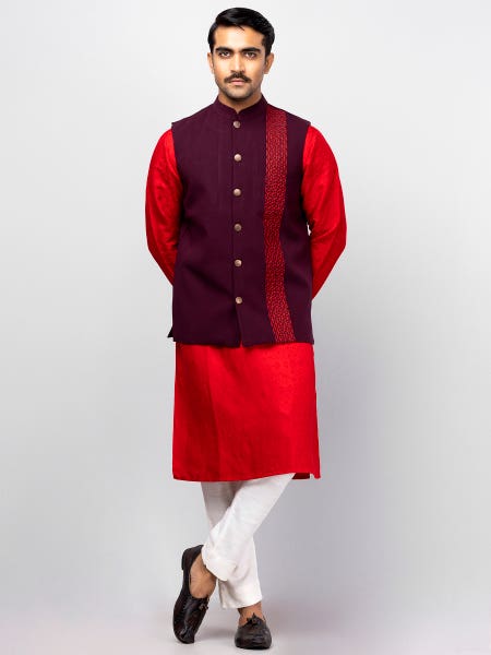 Red Viscose-Cotton Panjabi Pajama Set with Coaty