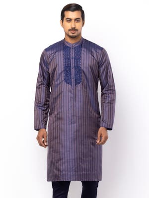 Blue/Brown Embroidered Silk Panjabi Pajama Set
