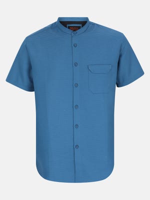Blue Textured Mixed Cotton Fitted Shirt