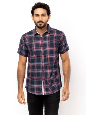 Navy Blue Check Mixed Cotton Fitted Shirt