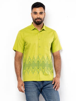 Lime Green Printed Viscose-Cotton Shirt