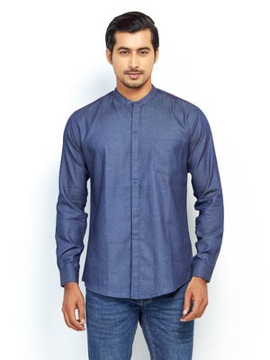 Blue Mixed Cotton Fitted Shirt 