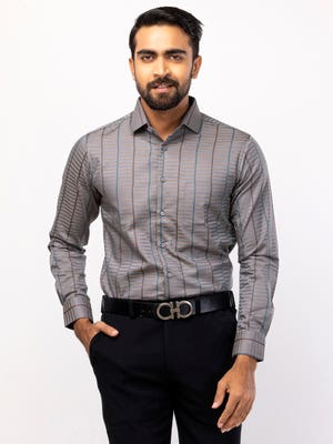Grey/Brown Striped Mixed Cotton Executive Shirt