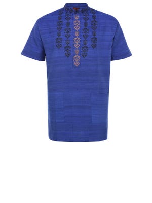Blue Printed and Embroidered Mixed Endi Silk Fatua