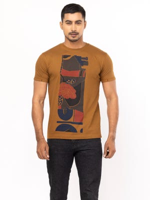 Deep Brown Printed Cotton T-Shirt