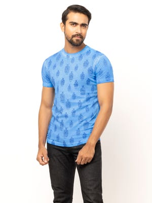 Sky Blue Printed Cotton T-Shirt