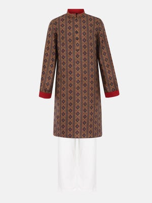Olive Printed and Embroidered Silk Panjabi Pajama Set