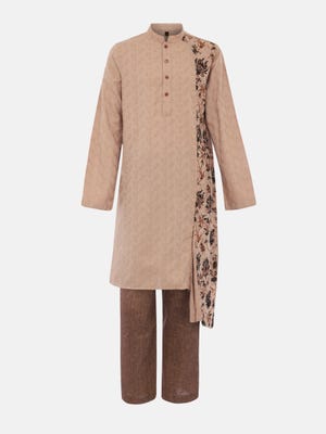 Brown Printed and Embroidered Viscose-Cotton Slim Fit Panjabi Pajama Set with Coaty
