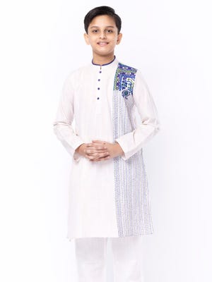 Off White Embroidered Handloom Cotton  Panjabi Pajama Set
