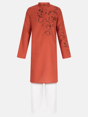 Burnt Orange Embroidered Viscose-Cotton Panjabi Pajama Set