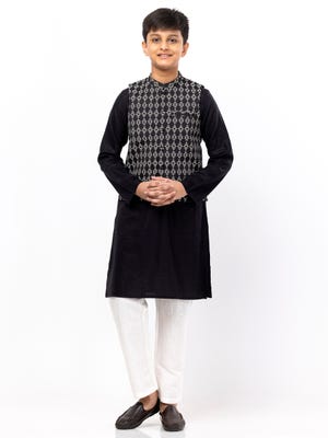 Black Viscose-Cotton Panjabi Pajama Set with Coaty
