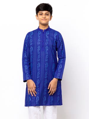 Blue Printed Cotton Panjabi Pajama Set