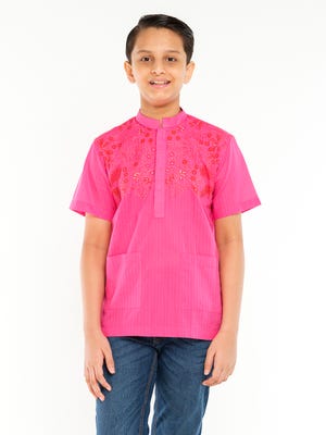 Hot Pink Printed and Embroidered Cotton Fatua