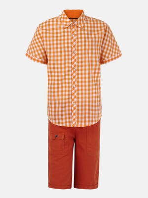 Orange Check Cotton Shirt Pant Set