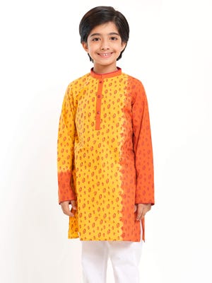 Yellow Printed and Tie-Dyed Cotton Panjabi