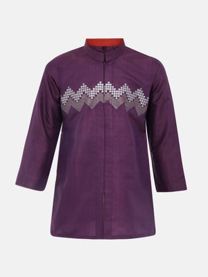Purple Printed and Embroidered Silk Panjabi