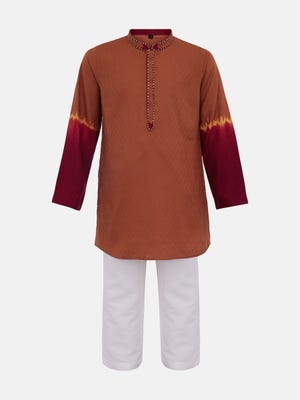 Brown Tie-Dyed and Embroidered Viscose-Cotton Panjabi Pajama Set