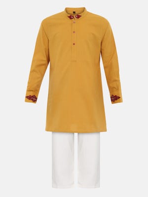 Mustard Erri Embroidered Viscose-Cotton Panjabi Pajama Set
