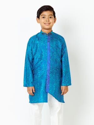 Teal Erri Embroidered and Printed Silk Panjabi Pajama Set