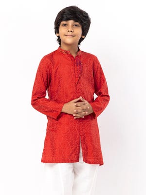 Red Embroidered Viscose-Cotton Panjabi Pajama Set