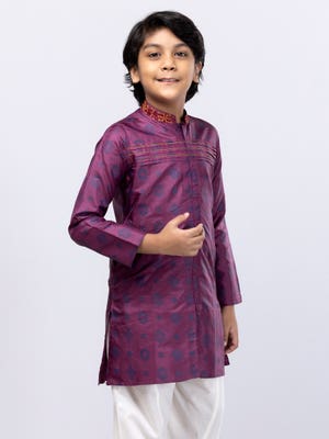 Purple Printed Silk Panjabi Pajama Set