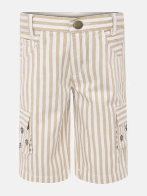 Beige Striped Printed Gabardine Short Pant