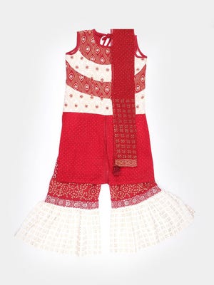 Red Printed and Embroidered Linen Shalwar Kameez Set