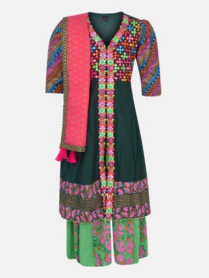 Deep Green Printed and Embroidered Linen Shalwar Kameez 