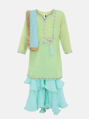 Lime green Printed and Embroidered Mixed Cotton Shalwar Kameez Set