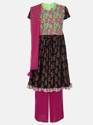Parrot Green/Black Printed and Embroidered Linen Shalwar Kameez