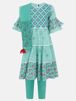 Turquoise Printed and Embroidered Voile Shalwar Kameez