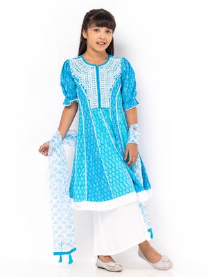 Blue Printed And Embroidered Linen Shalwar Kameez Set 