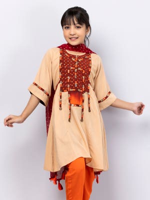 Brown Tie-Dyed and Printed Linen Shalwar Kameez
