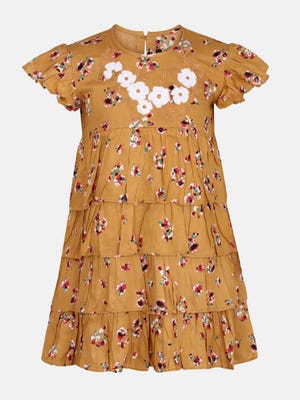 Light Brown Printed and Embroidered Linen Frock